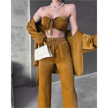 Fashion Cocktail Soft Yumuşak Saten Kumaşlı Büzgü Bağlama Lastikli Kroplu Ceketli Pantolonlu 3 Lü Takım Dore