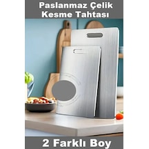 2 Adet Paslanmaz Çelik Kesme Tahtası Küf Önleyici Kesme Doğrama 34x23 Cm Ve 25x15 Cm Gri
