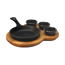 Lava Döküm Yuvarlak Kızartma Tavası Yekpare Saplı Kayın Ahşap Altlık. Çap(Ø)16cm. (Bu ürüne sos kapları dahil değildir)