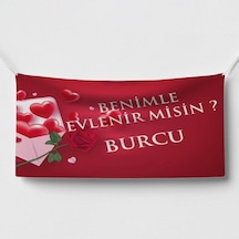 Kalp Ve Gül Temalı Benimle Evlenir Misin Afişi 200x100 Cm