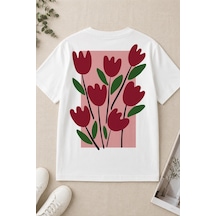 Spoyi Lale Bahçesi Tasarımlı %100 Pamuk Yarım Oversize Beyaz T-shirt