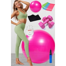 10 Lu Pilates Topu Seti Takımı 3 Lü Pilates Bandı Lastiği 1 Kg Dambıl Zayıflama Kemeri Set Pembe