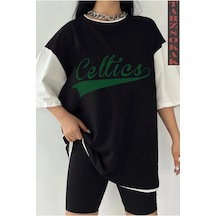 Siyah Oversize Çift Renk Cel Baskılı Unisex Tshirt Beyaz