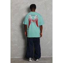 Erkek Kısa Kol Tişört Bisiklet Yaka Kanat Baskılı Oversize T-shirt - Mint Yeşili