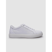%100 Hakiki Deri Beyaz Bağcıklı Desenli Erkek Sneaker-beyaz Beyaz