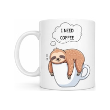 Bezos I Need Coffee Yazılı Tembel Hayvan Tasarımlı Kupa Model 236 Komik Seramik Kahve Kupası Ob Çok Renkli