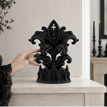Zeroxo Büyük Boy Gotik Katedral Tasarımlı Siyah Dekoratif Obje, Zambak Motifli Dark Academia Konsol Süsü, Barok Tarzı Masaüstü Heykel 12x15 Cm