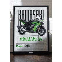Kawasaki Ninja H2 Sx Siyah Ahşap Çerçeveli Poster, Dekoratif Motosiklet Duvar Tablosu