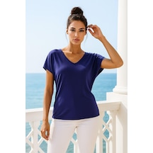 Kadın Lacivert Viskon V Yakalı T-shirt Kısa Kol Rahat Kesim Bluz Çok Renkli
