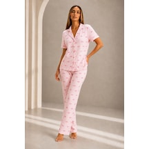 Kadın Kısa Kol Rahat Kalıp Şık Pembe Pijama Takımı