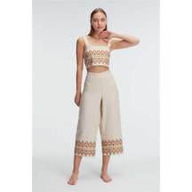 Askılıoyuk U Yaka Geometrik Yazlık Uzun Nakış Detaylı Pijama Takı Krem