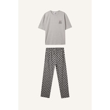 Defacto Boxy Fit Kısa Kollu Baskılı Üst Damalı Desenli Alt 2li Pijama Takımı I3018ax26augr100 Gri-gr100