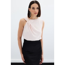 Sateen Tek Omuz Detaylı Bluz - Pudra-136133 Pudra