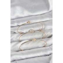 Zirkon Taşlı Gold Renk Tek Taş Model 3'lü Kadın Bileklik Kombini Çok Renkli
