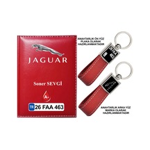 Plakanıza Özel Jaguar Logolu Kırmızı Ruhsat Kabı Ve Anahtarlık