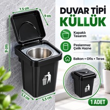 Çöp Kutusu Tasarımlı Duvar Küllüğü - Kapaklı Dekoratif Balkon Ofis Kül Tablası Paslanmaz Hazneli 1 Adet