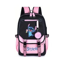 Wangxi Disney Stitch Pembe 2 Buyuk Kapasiteli Sirt Cantasi Sevimli Pembe Siyah Tasarim Hafif Polyester Seyahat Cantasi Pembe 2