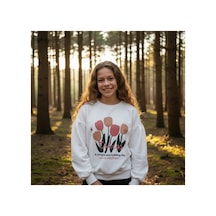 Fesshera Kids Kız Çocuk Sweatshirt Balon Kol Baskılı Oversize Pamuklu Sweatshirt / Geniş Kalıp Uzun Kollu Tişört Beyaz