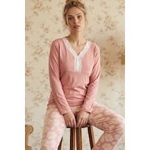 Siyah İnci Somon Desenli V Yaka Dantelli Viskon Örme Pijama Takım 26224654