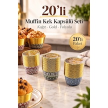 20 Li Muffin Kek Kapsülü Seti - Kağıt - Gold - Folyolu Çok Renkli