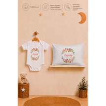 Pia Baby İsme Özel Kız Bebek Kısa Kollu Body Zıbın Ve 35x45 Cm Yastık Kılıfı %100 Pamuk Organik Baskılı Hediye Seti 2099bay6x Ekru