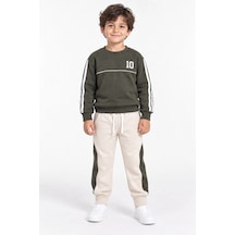 Rony Pony Kids Erkek Çocuk Haki Bej 10 Nakışlı Ribana Paçalı 2 Li Eşofman Takımı Krem Siyah