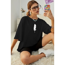 Unisex Tüy Baskılı Tasarım Tshirt SIYAH