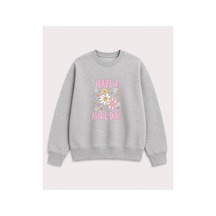 Herkesemoda Emoji Çiçekler Baskılı 2 İplik Şardonlu Bisiklet Yaka Sweatshirt Gri