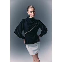 Sateen Ön Aksesuarlı Bluz - Siyah-136742 Siyah