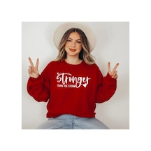 Magors Stıl-x Sevgililer Gününe Özel Stronger Baskılı, Bisiklet Yaka, Pamuklu, Oversıze Sweatshırt Kırmızı