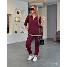 Tua Moda Kadın Uzun Kollu Fermuarlı Şerit Detay Desenli Alt Üst Ikili Viskon Iki Iplik Takım Bordo