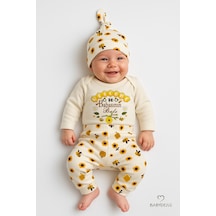 Babyden's Babasının Balı 3 Lü Yenidoğan Takım %100 Pamuk Uzun Kol Body,çiçek Arı Desenli Ribana Pantolon,bere Ekru