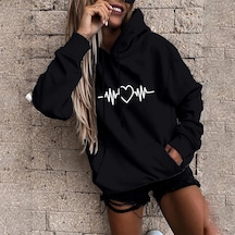 Kaixinjiuhao Kadın Moda Rahat Eğlenceli Baskı Kapşonlu Kazak Gevşek Spor Üstleri Kazak Siyah