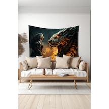 Ejderha Ve Savaşçı Desenli Duvar Halısı Duvar Örtüsü Tapestry Süet Dokulu Kumaş