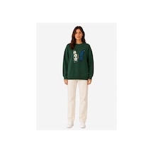 Herkesemoda Kelebekbaskı Detaylı Şardonlu 2 İplik Bisiklet Yaka Sweatshirt Yeşil