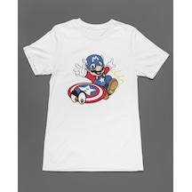 Bumeta Super Mario Captain America Unisex Tişört T-shirt Beyaz