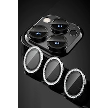 Apple Uyumlu iPhone 11 Pro Max ile Taşlı Tasarım Temperli Cam Kamera Lens Koruyucu - Siyah