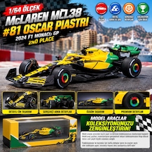 1/64 Mclaren Mcl38 81 Oscar Piastri 2024 F1 Monaco Gp 2nd Place Sarı