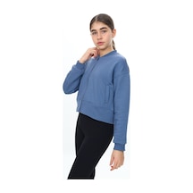 Toontoy Kız Çocuk Kolej Yaka Fermuarlı Cepli Düşük Omuz Baskılı Örme Hırka - 3 İplik Şardunsuz İndigo