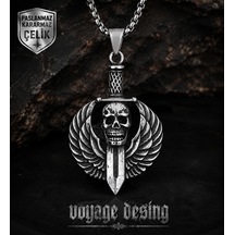 Paslanmaz Çelik Box Zincirli Gotik Tarz Darts Wings Kurukafa Kolye Gümüş