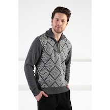 Ferraro Füme Kare Desenli Dik Yaka %100 Kuzu Yünü Erkek Kazak Füme (536161022) Füme