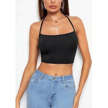 Liona Kadın Düz Yaka Sırt Açık Siyah Super Crop Top Bluz 001 Siyah S