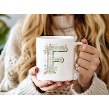 F Harfli Çiçek Desenli Kupa Bardak - Ekose Desenli Yeşil Pembe Desenli Tasarım - Kişiye Özel Hediye Beyaz