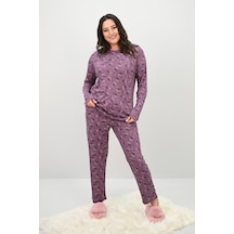 Kadın Büyük Beden Çiçek Desenli Uzun Kollu Pijama Takımı 4235-25 Siyah