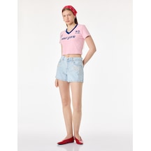Koton Pamuklu Nakış Detaylı Regular Fit Mini Denim Şort Açık İndigo 6sal40275md