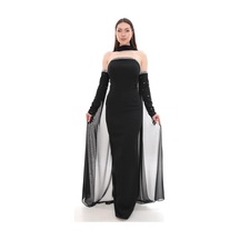 Berneva Siyah İnci Detaylı Choker Yakalı Tül Pelerinli Eldiven Kollu Abiye Beyaz