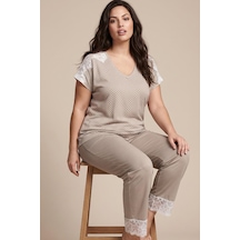 Siyah İnci Desenli Büyük Beden Battal Boy Viskon Örme Pijama Takım 26119525 Vizon