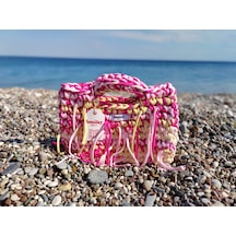 Lumifey Design Viva - El Örgüsü Püsküllü El Çantası Pembe & Güneş Sarısı Bohem Çanta Açık Pembe - Koyu Pembe - Sarı