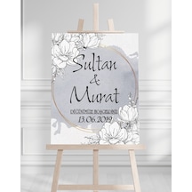 Söz Nişan Düğün İçin 50x70 Karşılama Panosu - Gri Çiçek Desenli 002 Beyaz