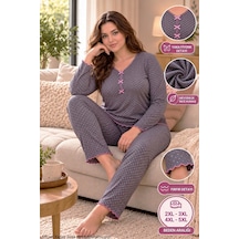 Seboteks Mevsimlik İnce Kumaş Puantiyeli Uzun Kollu Büyük Beden Kadın Pijama Takımı 3157 Füme